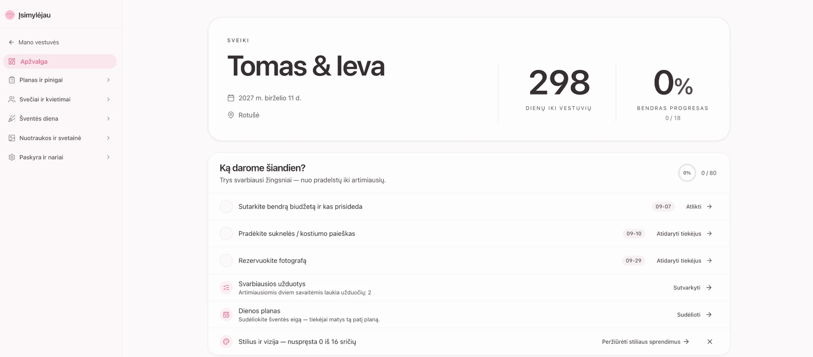 Viskas vienoje vietoje — Vedlys AI, biudžetas, svečiai, tiekėjų paieška, susodinimas ir nuotraukos. Vestuvių planavimo programa Įsimylėjau — apžvalgos skydelis su vestuvių data, dienų skaičiuokle, užduotimis, biudžetu ir svečių sąrašu